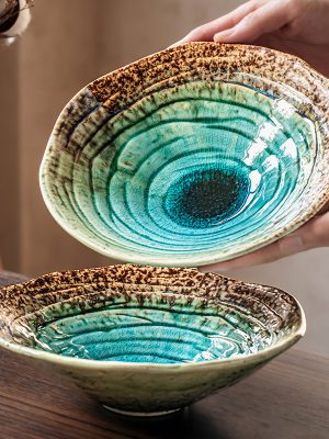Handmade Turquoise Ice (4) Turquoise ice-crackle porcelain bowl with rustic rim